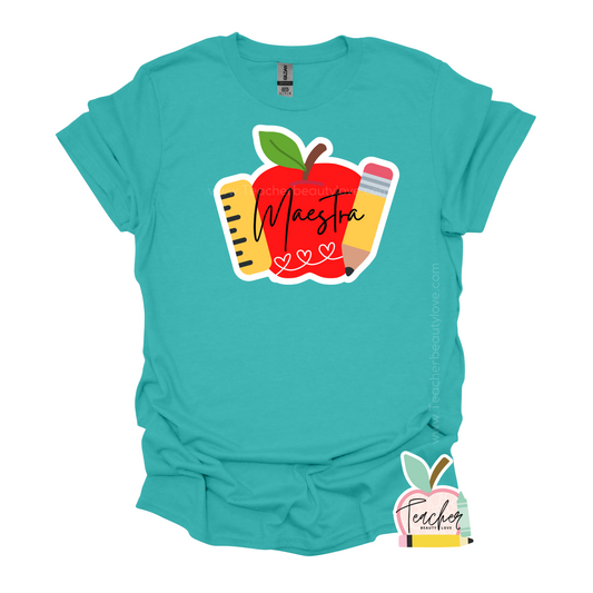 Tshirt para maestra con diseño de manzana, lápiz y regla | Camisa para maestra | Tshirt para educadora | Tshirt for teacher | Apple, Pencil and Rule desing Tshirt