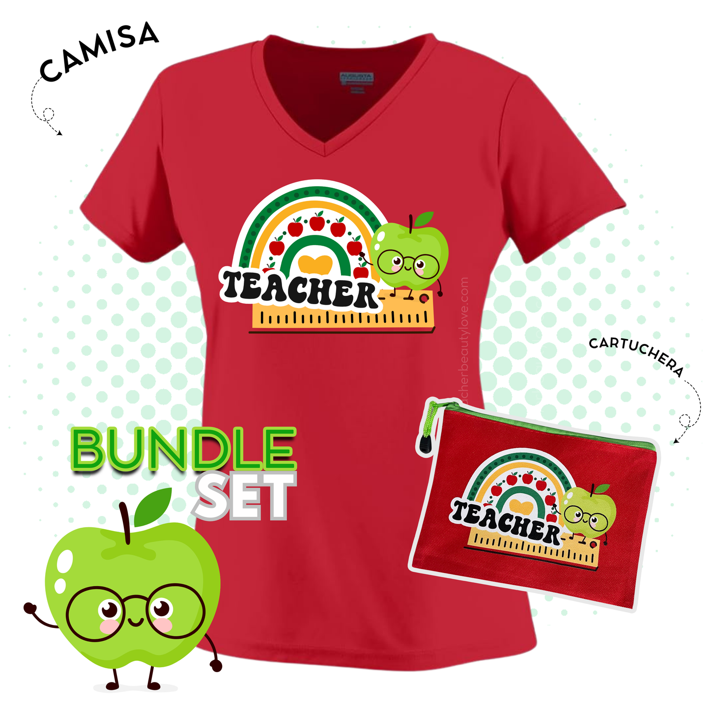 Set para maestra | Camisa y cartuchera para maestra | TEACHER GREEN APPLE - BUNDLE | Regalo para maestra