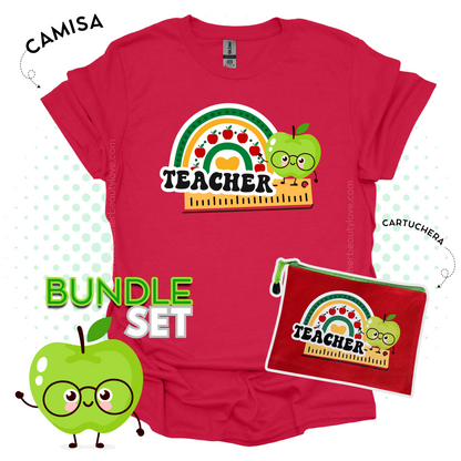 Set para maestra | Camisa y cartuchera para maestra | TEACHER GREEN APPLE - BUNDLE | Regalo para maestra