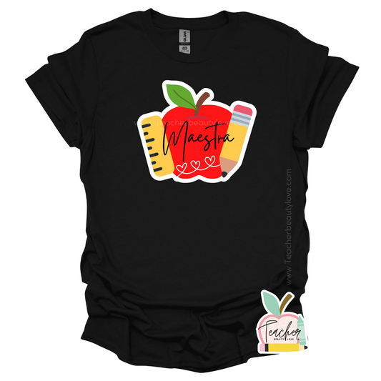 Tshirt para maestra con diseño de manzana, lápiz y regla | Camisa para maestra | Tshirt para educadora | Tshirt for teacher | Apple, Pencil and Rule desing Tshirt