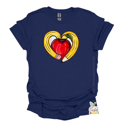 Tshirt para maestras con diseño de lápiz en forma de corazón y manzana | Camisa para maestra | Tshirt para educadora | Pencil Heart